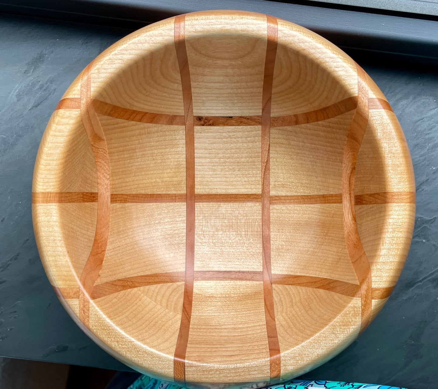 Grid pattern birch and cherry bowl #257